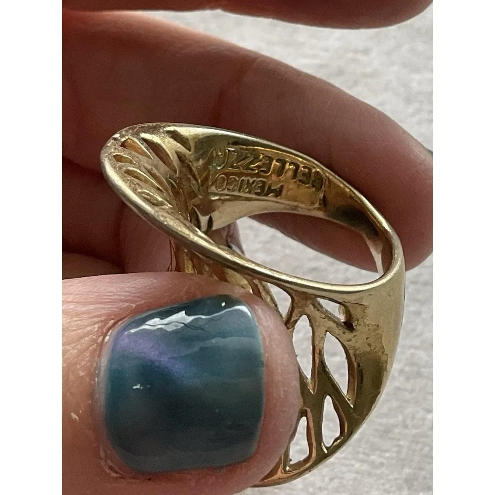 Vintage Mexico 925 Sterling Silver Gold Vermeil Modernist Ring Size 7